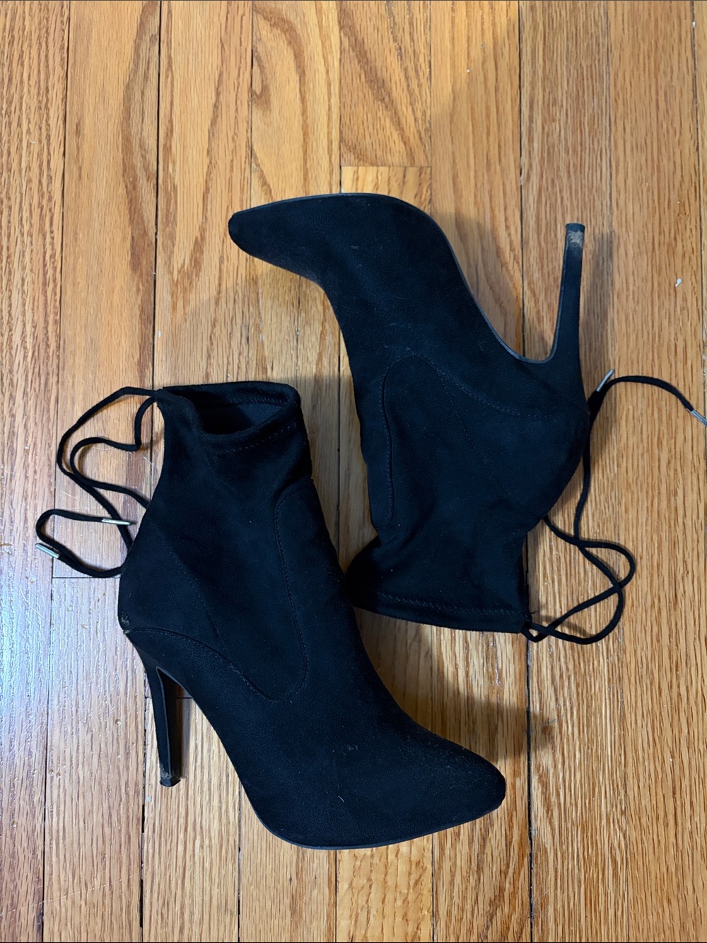 New Look Black Suede Pointed Toe Stiletto Ankle Boots with Lace-Up Back